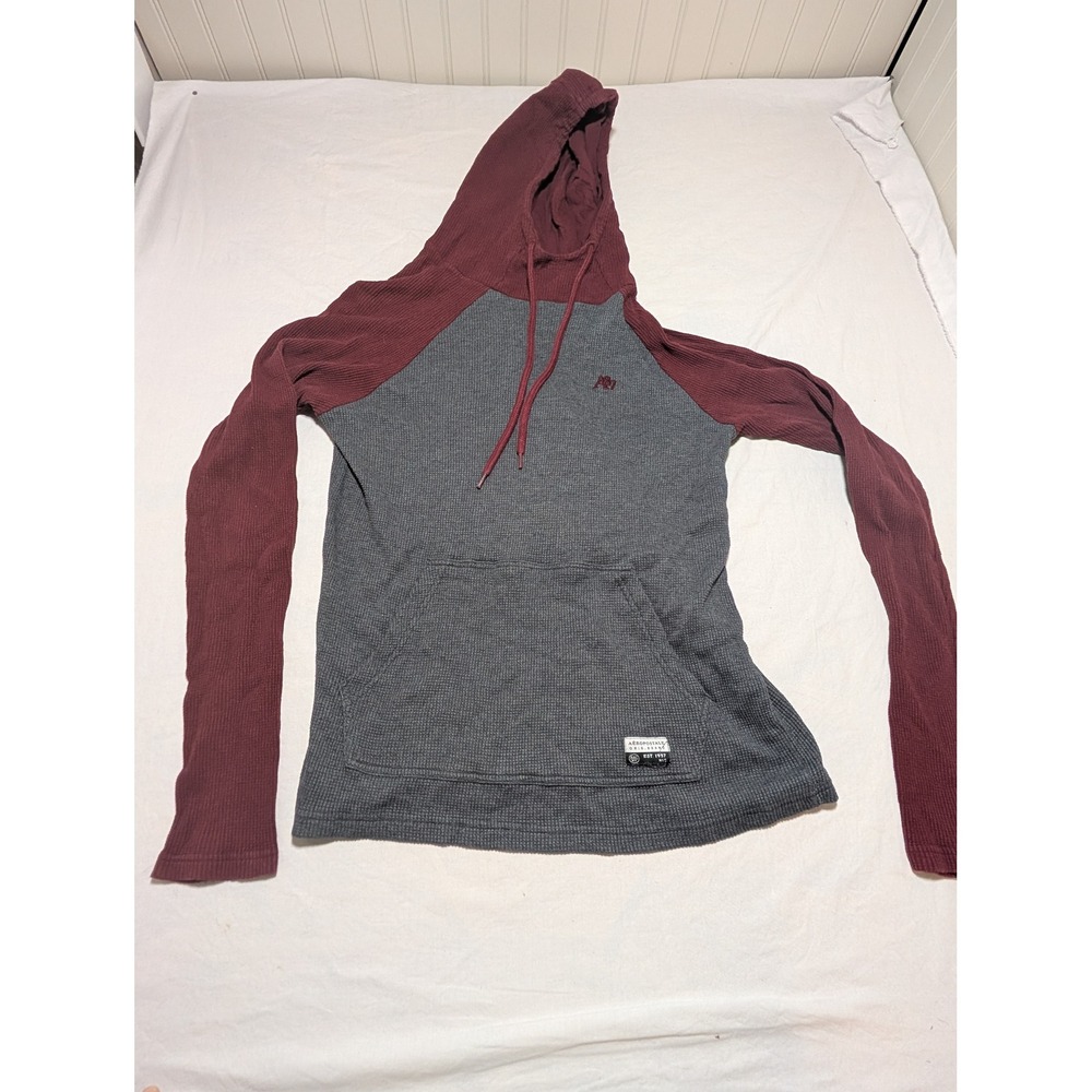 Aeropostale Mens Waffle Knit Thermal Hoodie Raglan Sleeve Grey Burgundy Small